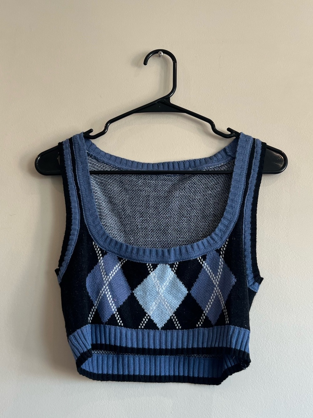 Blue and Black Argyle Knit Crop Sweater Vest
